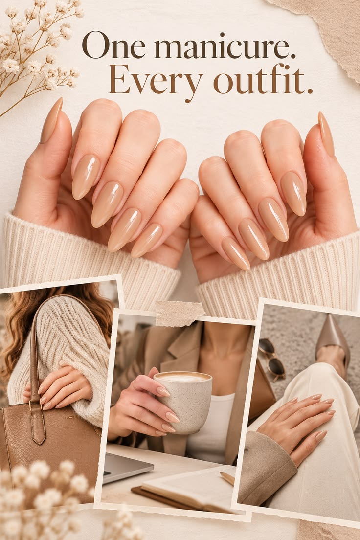 Nude almond press-on nails moodboard