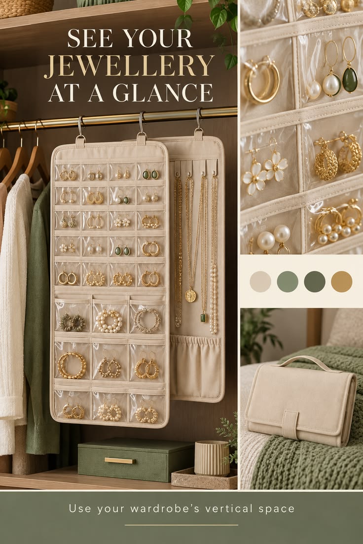 Hanging jewellery organizer in a wardrobe