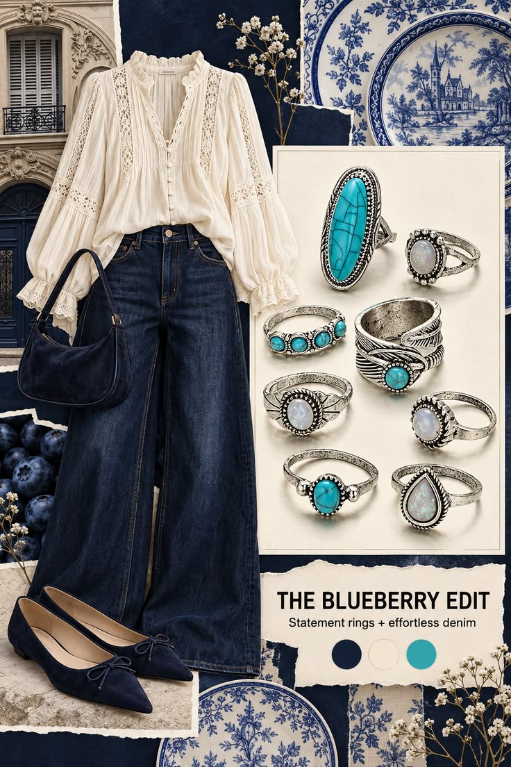 Statement rings styled with a cream blouse and dark denim